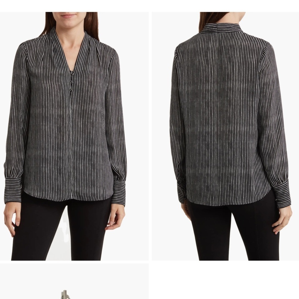 Adriana Papell Printed Crepe Black and White Striped Long Sleeve Blouse Size L - Picture 2 of 14